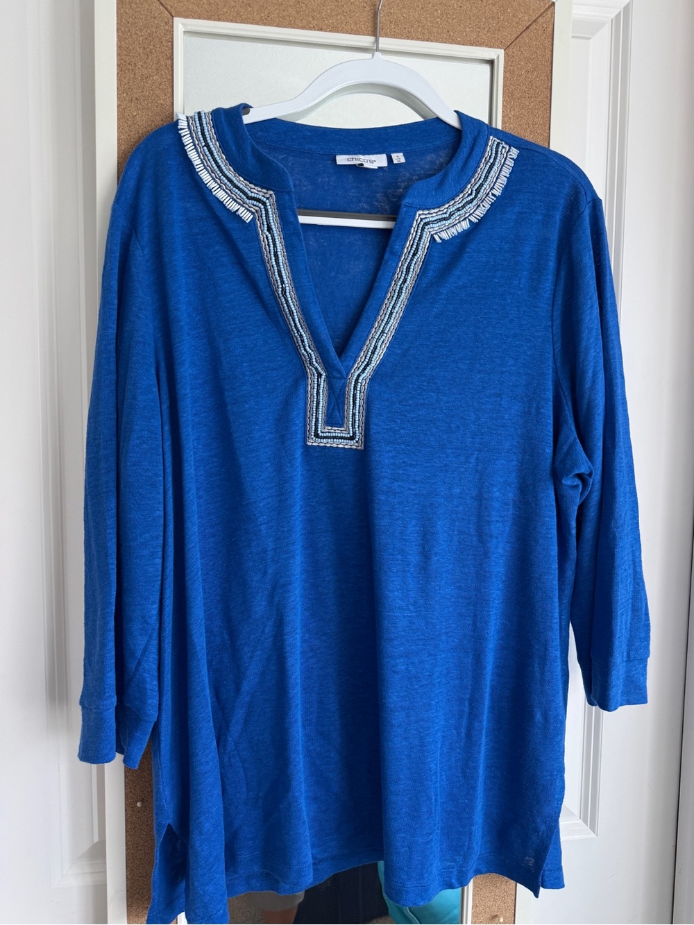 Embroidered V-Neck Tunic Top in Royal Blue Chico’s Size 3